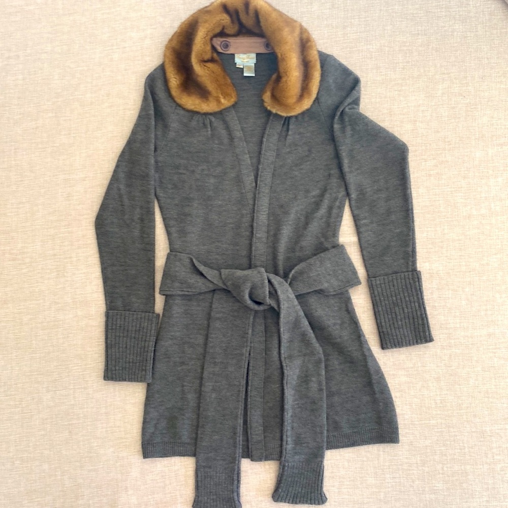 Tracy Reese long sleeve wrap sweater with faux fur collar
